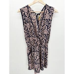 Always Pink Blue Printed Surplice V-Neck Tie Back Romper Women's Size Medium M